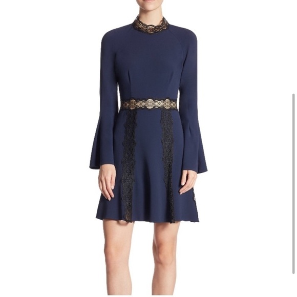 NWT Jonathan Simkhai Navy Blue Black Lace Fit Flare Dress Long Bell Sleeve Sz 6 - Picture 3 of 12